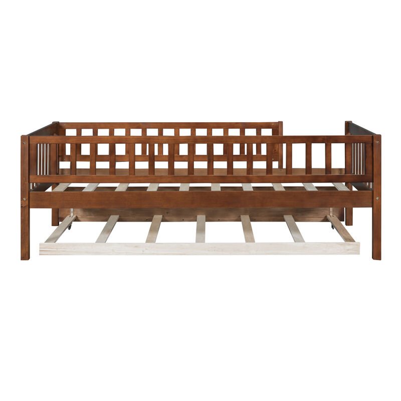 Twin Size Wood Daybed With Trundle And Fence Guardrails