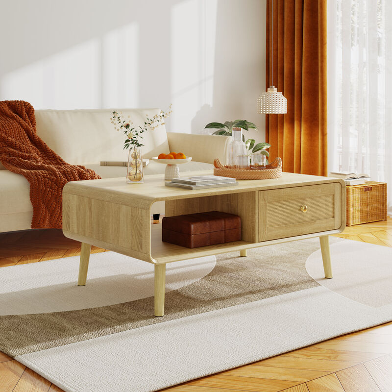 FUFU&GAGA Mid-Century Coffee Table with Storage, Wooden Center Table with Drawer & Open Shelf, (39.4" W x 17.9" H x 23.6" D), Natural Oak