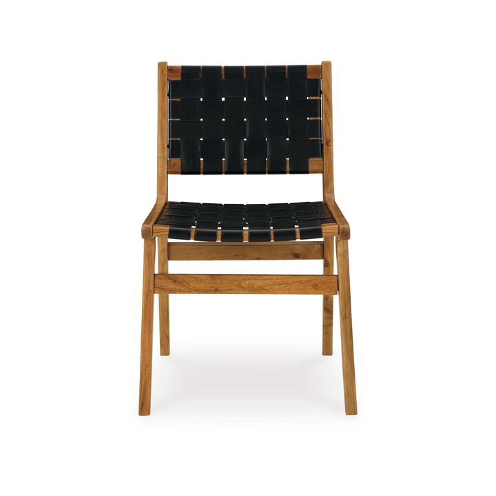 Dinno Dining Side Chair Set of 2, Brown Wood, Black Woven Leather Seat - Benzara
