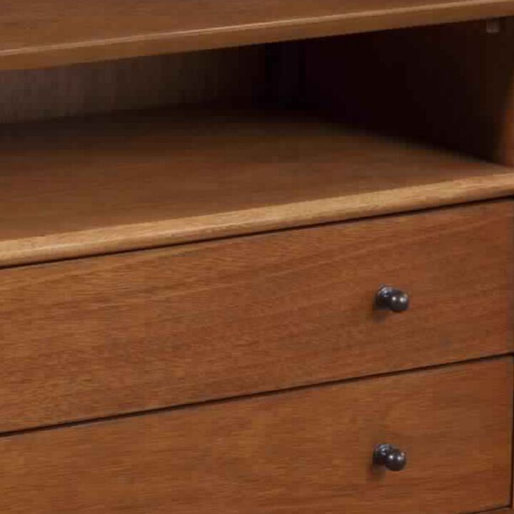 2 Drawer Wooden Nightstand with Open Compartment and Splayed Legs, Brown-Benzara