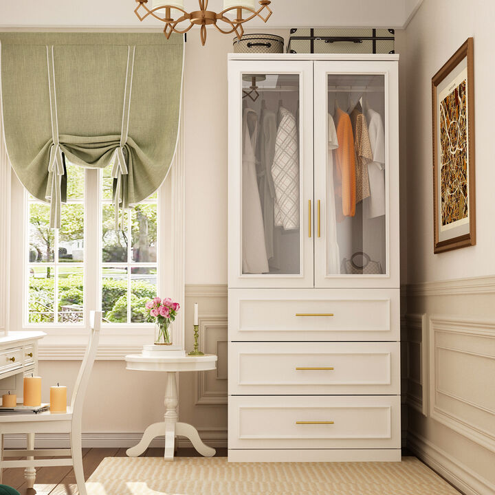 FUFU&GAGA  Elegant Armoire with Glass Doors, Hanging Rods, and Spacious Drawers for Organized Bedroom Storage (31.7" W x 19.3" D x 74.9" H) White