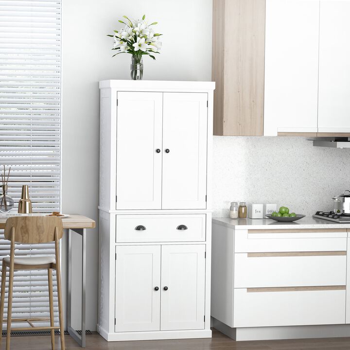 72" White Kitchen Pantry: Freestanding, Shelved Storage