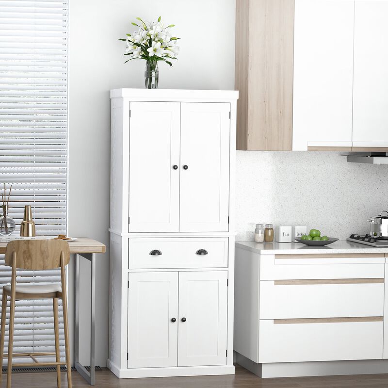 72" White Kitchen Pantry: Freestanding, Shelved Storage