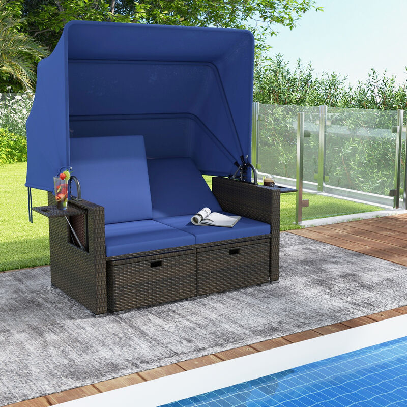 Outdoor Patio Rattan Daybed with Retractable Canopy and Adjustable Backrests