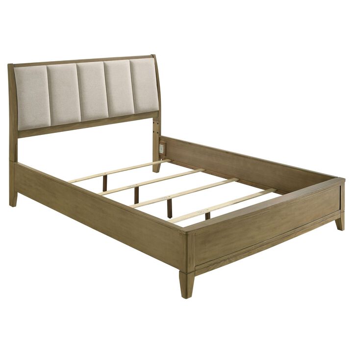 Heon California King Bed, Block Panel Headboard, Ivory Upholstery - Benzara