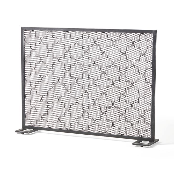 30x41 Fireplace Screen, Classic Clover Trellis Pattern, Black Iron -Benzara