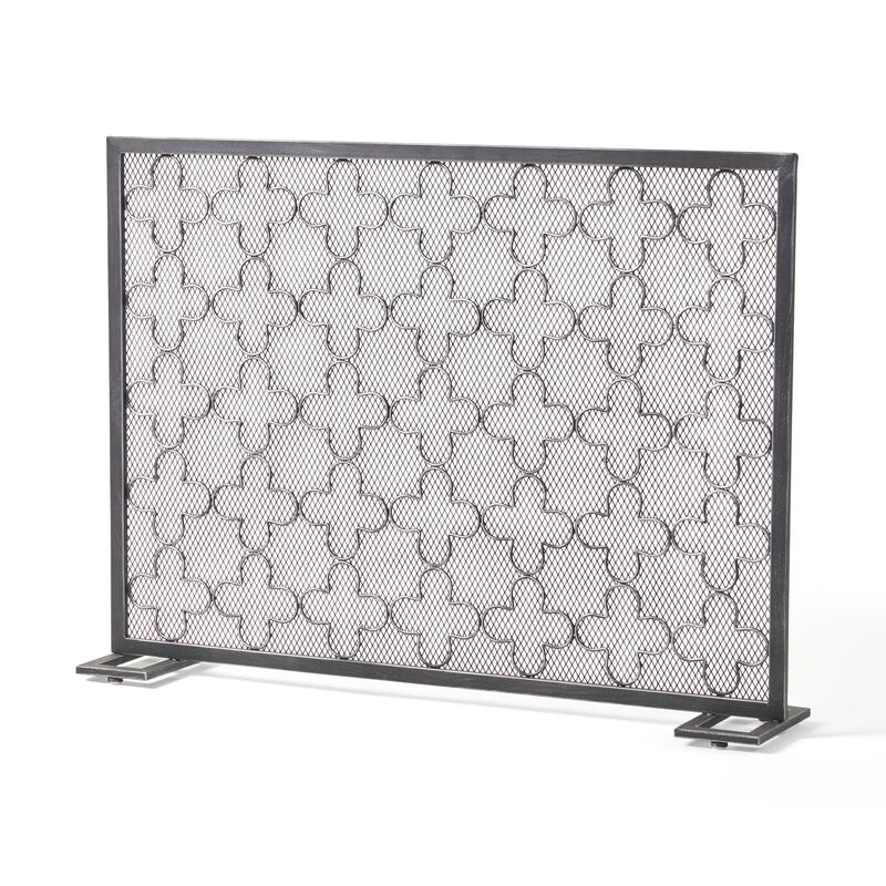 30x41 Fireplace Screen, Classic Clover Trellis Pattern, Black Iron -Benzara