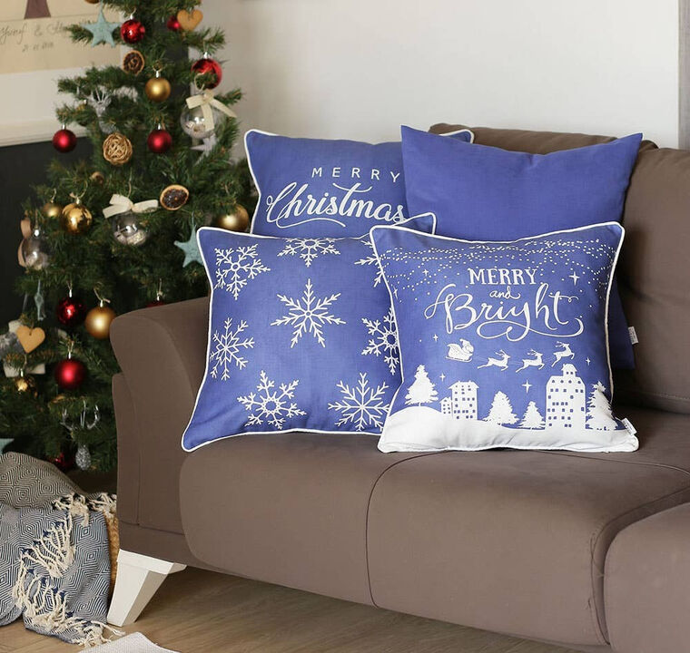 Hivvago Set Of Four 18" X 18" Blue Zippered Polyester Christmas Reindeer Throw Pillow