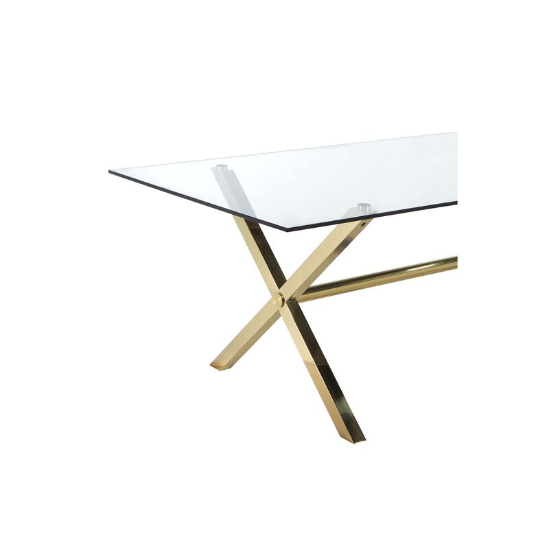 Tia 79 Inch Dining Table, Rectangular Tempered Glass Top, Gold, Clear - Benzara