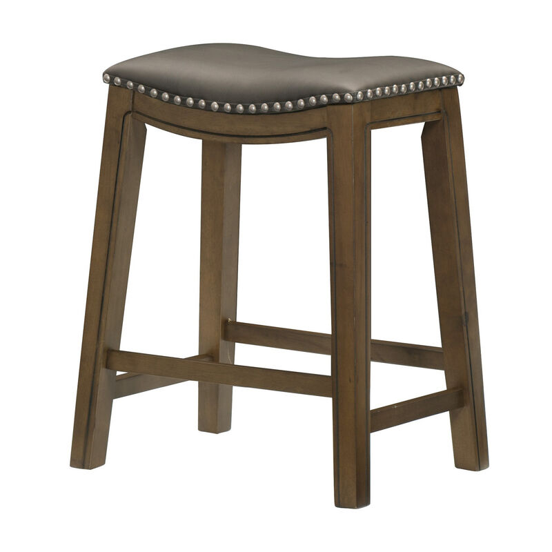 Miel 26 Inch Counter Height Stool, Gray Faux Leather Seat, Brown Solid Wood - Benzara