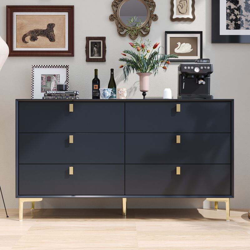 White 6-Drawers 55.1 in. Width Classic Wooden Chest of Drawers, Dresser, Storage Cabinet with Golden Legs and Handles