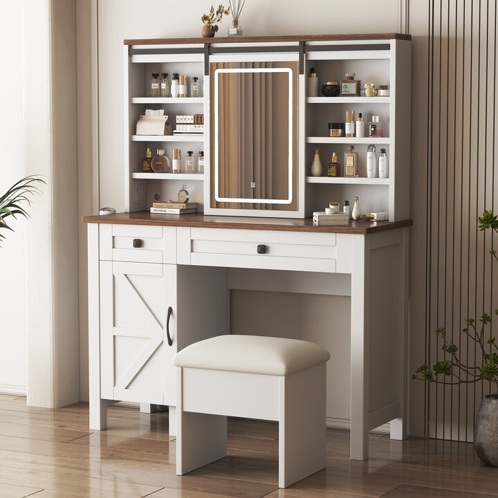 Large Vanity Desk with Lighted Sliding Mirror, Charging Station, Shelves & Drawers