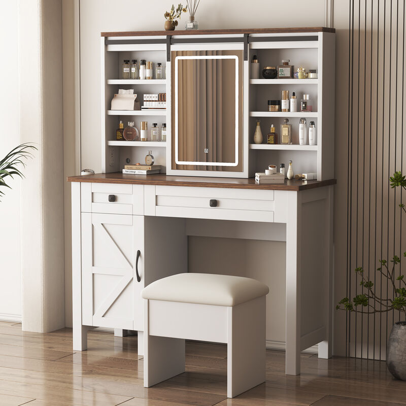Large Vanity Desk with Lighted Sliding Mirror, Charging Station, Shelves & Drawers