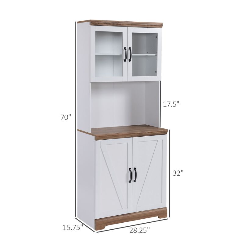 White Kitchen Storage: 70" Farmhouse Buffet with Hutch & Glass Doors