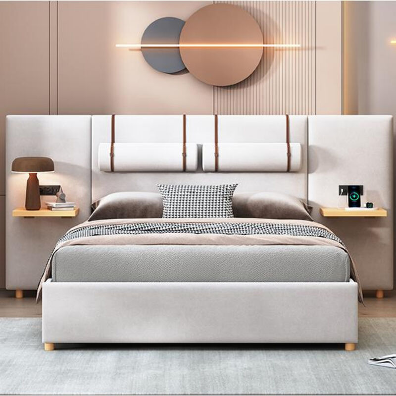 Upholstered Bed Frame with Dual USB Ports Outlets Storage Shelves and Pillows