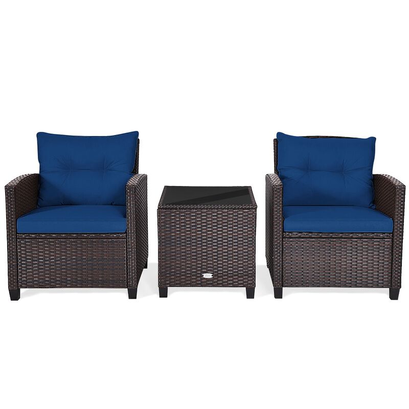3 Pcs Patio Rattan Furniture Set Cushioned Conversation Set Coffee Table
