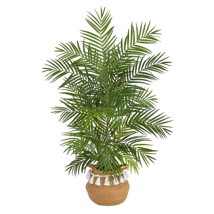 Hivvago 4 Feet Areca Artificial Palm in Boho Chic Handmade Natural Cotton Woven Planter with Tassels