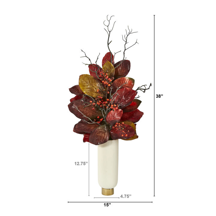 Hivvago 38" Autumn Magnolia Leaf with Berries Artificial Plant in Cream Planter with Gold Base
