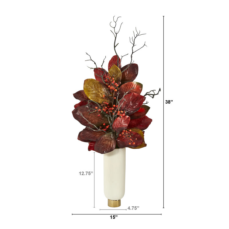 Hivvago 38" Autumn Magnolia Leaf with Berries Artificial Plant in Cream Planter with Gold Base