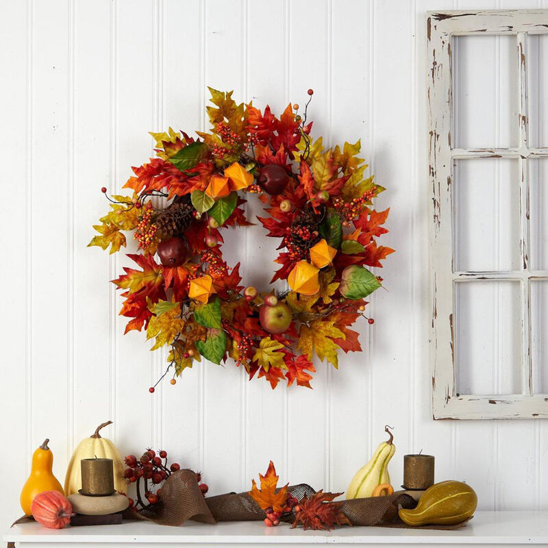 Nearly Natural 24-in Autumn Maple Leaf and Berries Fall Artificial Wreath