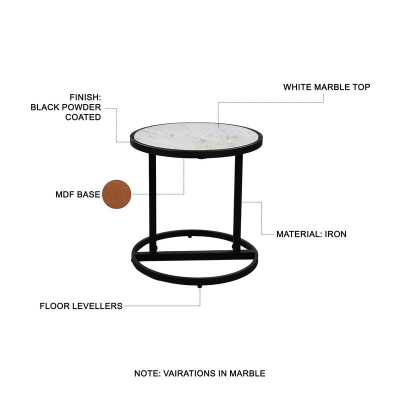 Beri 18 Inch Side End Table, Round White Natural Marble Top, Classic Slim Black Iron Frame - Benzara