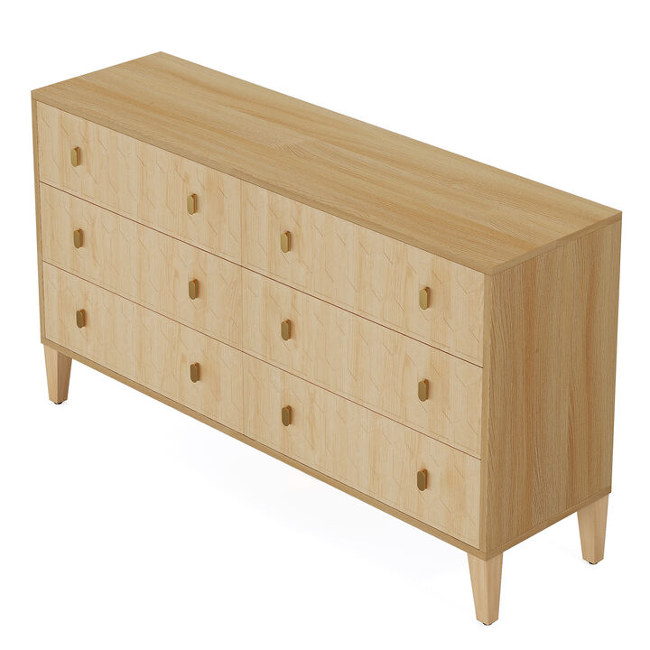 55-Inch Chest Of Drawers, Wood 6-Drawer Double Wide Dresser With Solid Wooden Legs, Large Dresser Chest Cabinet For Closet, Living Room, Entryway