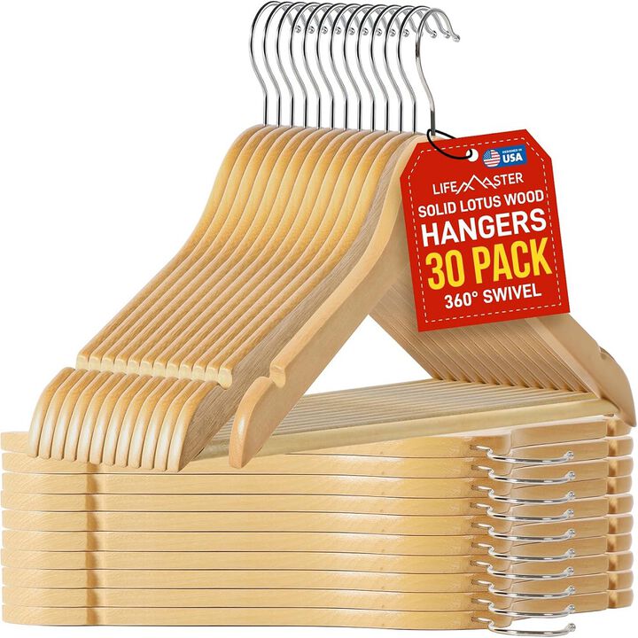 Wooden Hanger Set - 30 Pieces Non-Slip Versatile Closet Space-Saving Hanger Set for Suit, Coat, Camisole, Jacket, Pants, and Dresses with Rotating Swivel Hook - Natural Wood