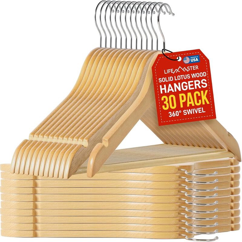 Wooden Hanger Set - 30 Pieces Non-Slip Versatile Closet Space-Saving Hanger Set for Suit, Coat, Camisole, Jacket, Pants, and Dresses with Rotating Swivel Hook - Natural Wood
