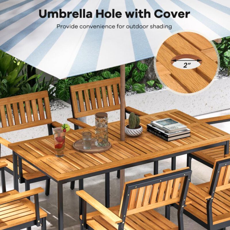 Hivvago Acacia Wood Dining Table for 6 People with Slatted Tabletop and Umbrella Hole