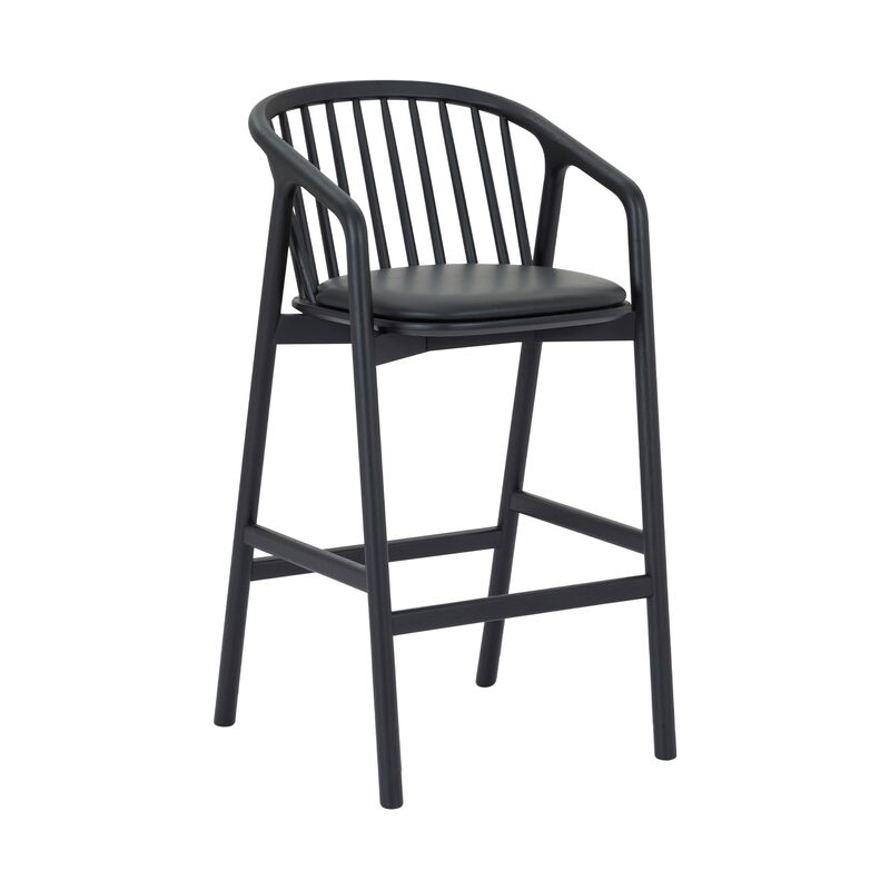 Rchy Counter Stool Chair, Curved Spindle Back, Black Faux Leather, Oak Wood - Benzara