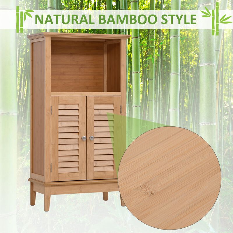 Natural Bamboo Organizer: Floor Cabinet with Multiple Shelves and Doors
