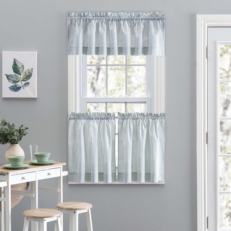 Ellis Curtain Plaza Classic Ticking Stripe Printed on Natural Ground 1.5" Rod Pocket Tailored Tiers