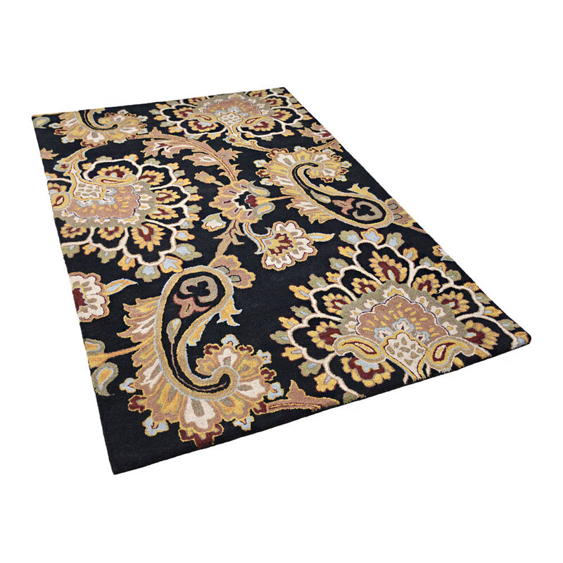 RUGSOTIC CARPETS HAND TUFTED WOOL ECO-FRIENDLY AREA RUGS  - 8'x11', Rectangle Shape, Black, Floral Modern Design, High Pile Thick Handmade Anti Skid Area Rugs for Living Room, Bed Room (K00151)