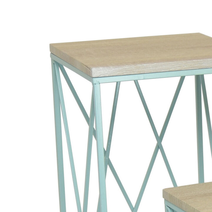 Mito 3pc Nesting Plant Stand Table, Brown Wood Top, X Cross Blue Metal - Benzara