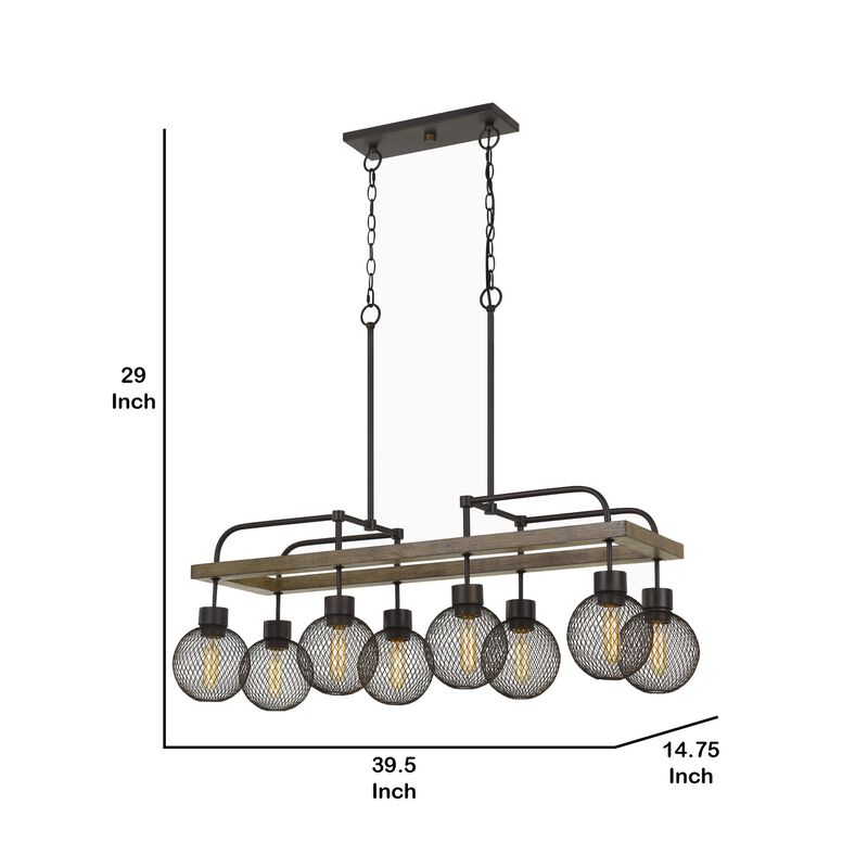8 Bulb Chandelier with Wooden Frame and Metal Orb Shades, Brown and Black-Benzara