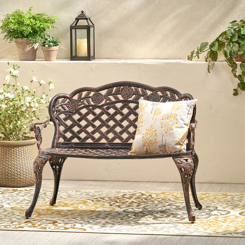 Ornate Cast Aluminum Garden Bench with Lattice and Rose Embellishments