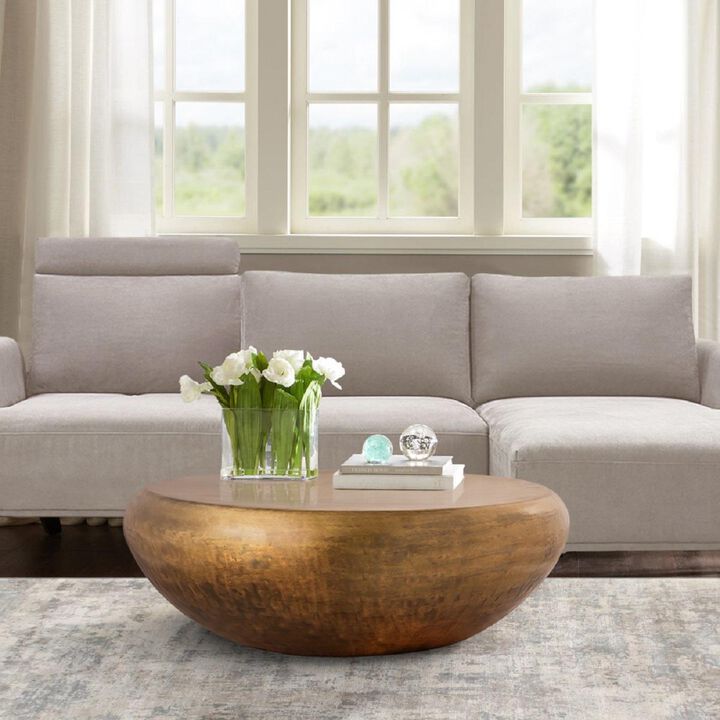 Pasargad Home Helios Drum Shape Iron Coffee Table, Brass