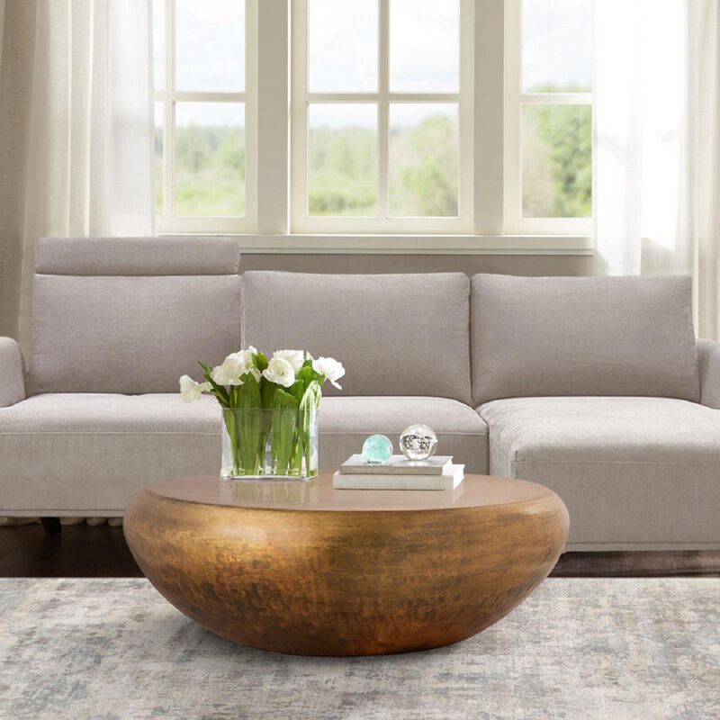 Pasargad Home Helios Drum Shape Iron Coffee Table, Brass