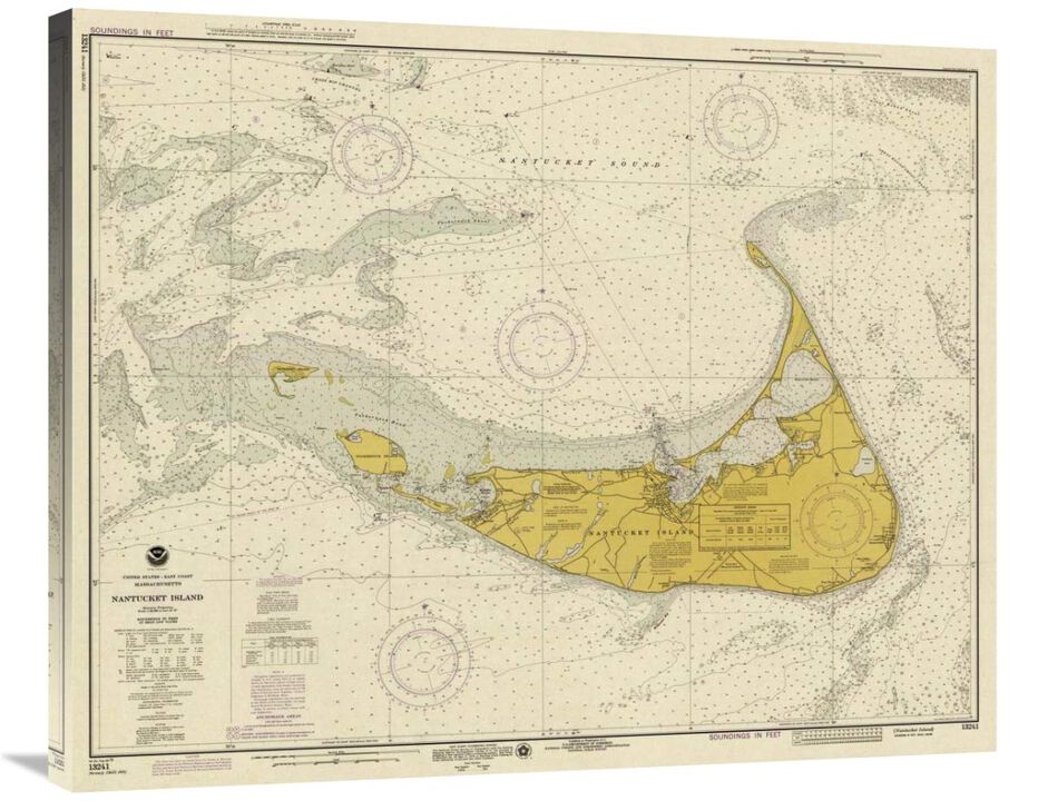 Nautical Chart - Nantucket Island ca. 1975 - Sepia Tinted-Canvas Art-36x29.16