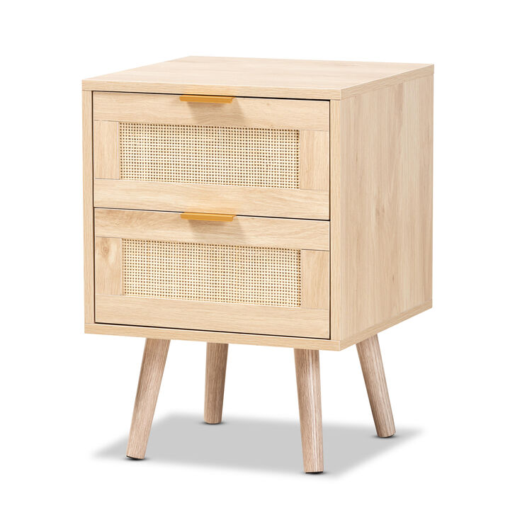 Baxton Studio Baird  Light Oak Brown Finished Wood and Rattan 2 Drawer End Table