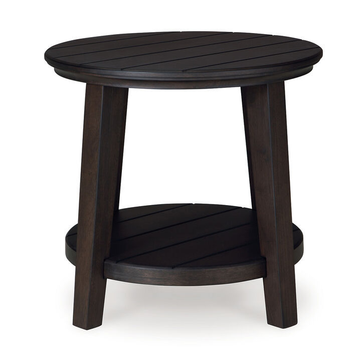 Liu Side End Table w Bottom Shelf, 26 Inch Round Cherry Brown Plank - Benzara