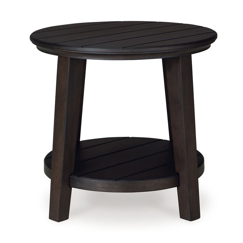 Liu Side End Table w Bottom Shelf, 26 Inch Round Cherry Brown Plank - Benzara