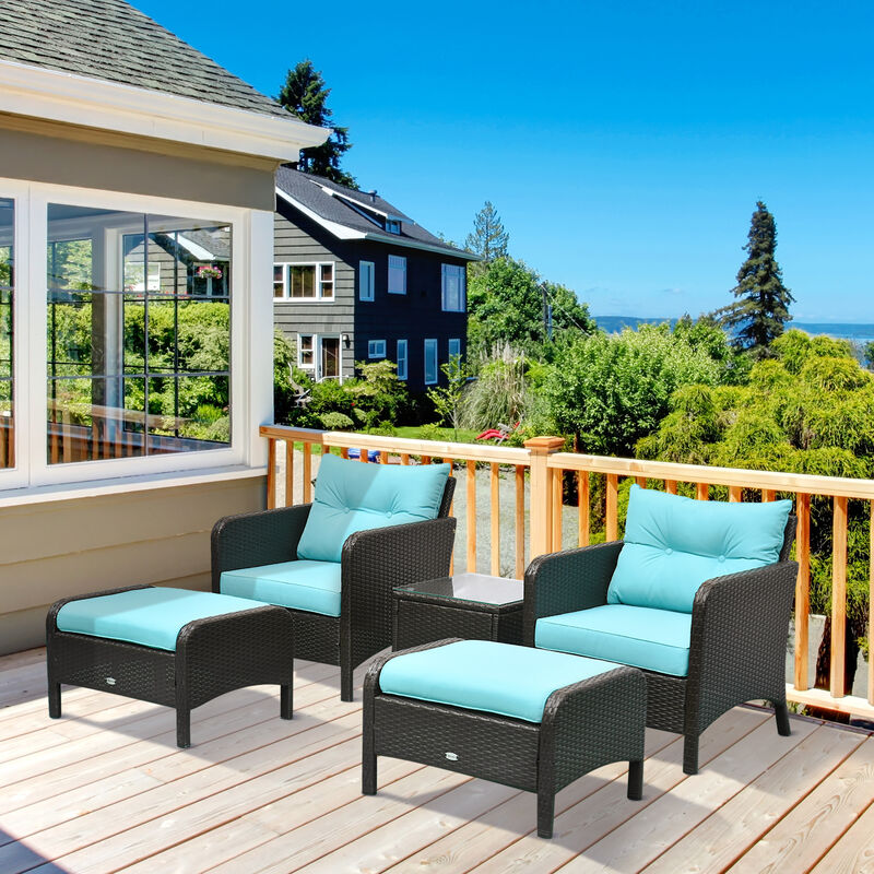 5 PC Outdoor Patio Conversation Chaise Lounge Chair w/ Coffee Table, Blue