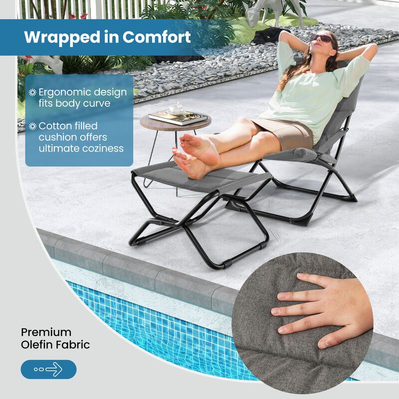 Patio Folding Sling Chair with Ottoman Footrest and Removable Cushion-Grey