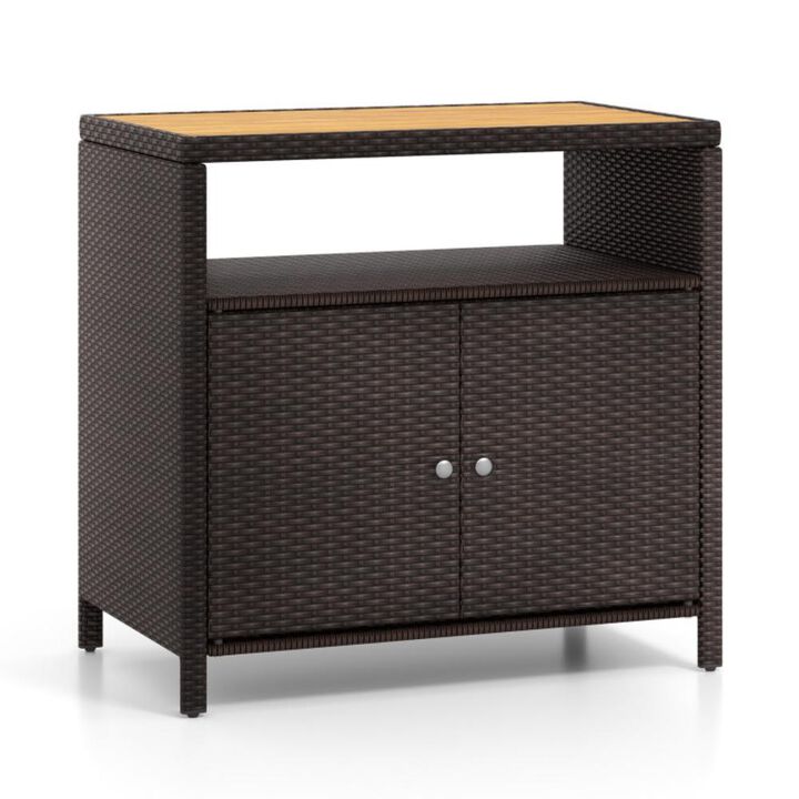 Hivvago Rattan Storage Cabinet with Acacia Wood Countertop for Poolside Deck and Patio