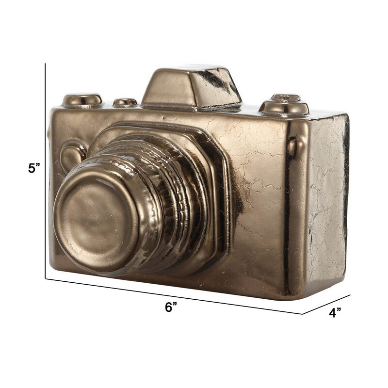 6 Inch Decorative Camera Table Top Accent, Distressed Gold Finish Ceramic - Benzara