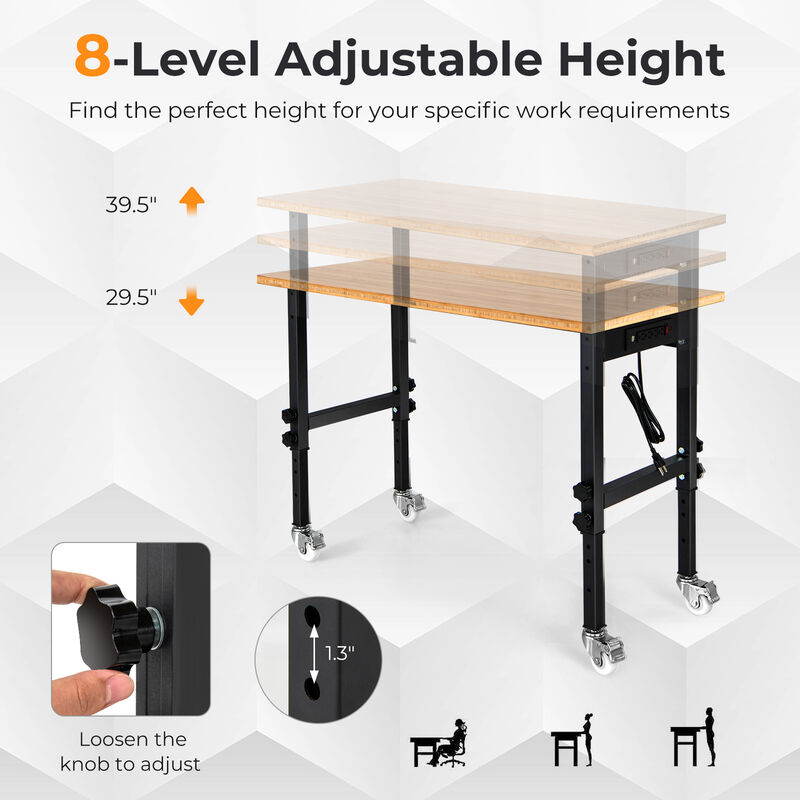 48 Inch Height Adjustable Workbench with Power Outlets and Wheels