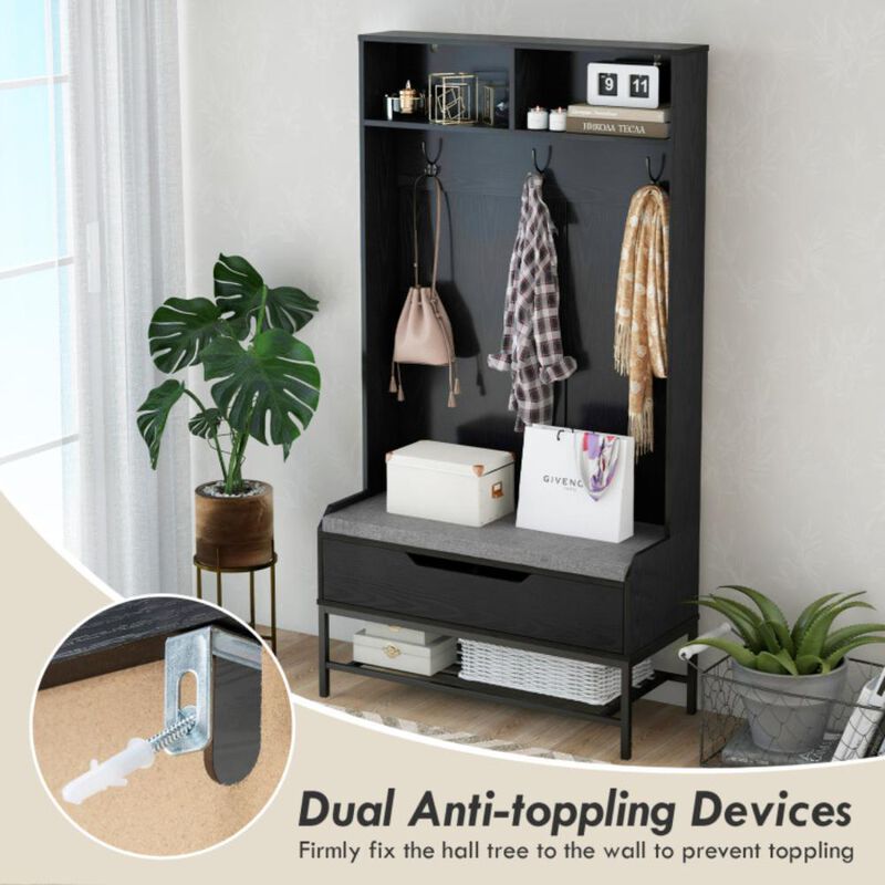 Hivvago 69 Inches Tall Hall Tree 4-in-1 Coat Rack with Seat Cushion and Shoe Storage