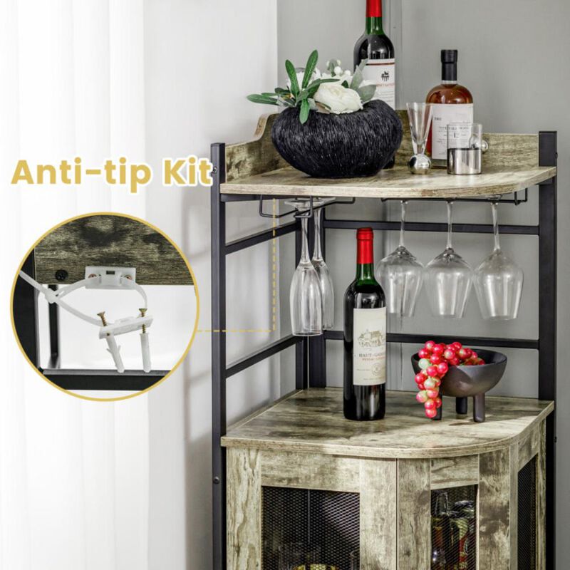 Hivvago Industrial Corner Bar Cabinet with Glass Holder and Adjustable Shelf