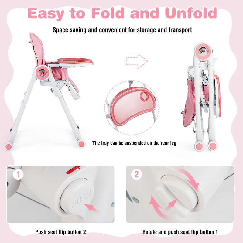 Baby High Chair Foldable Feeding Chair with 4 Lockable Wheels